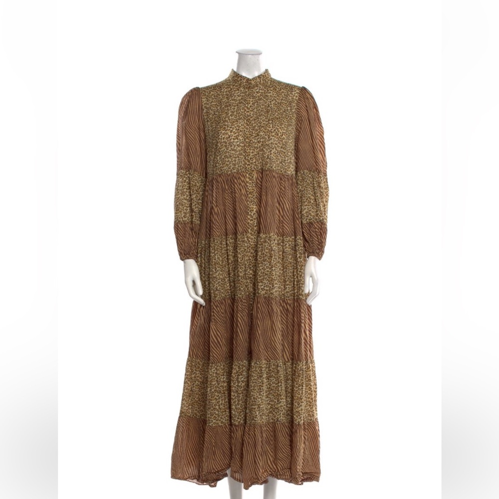 Zimmermann Brown and Cream Pleated Gown with Bishop Sleeves